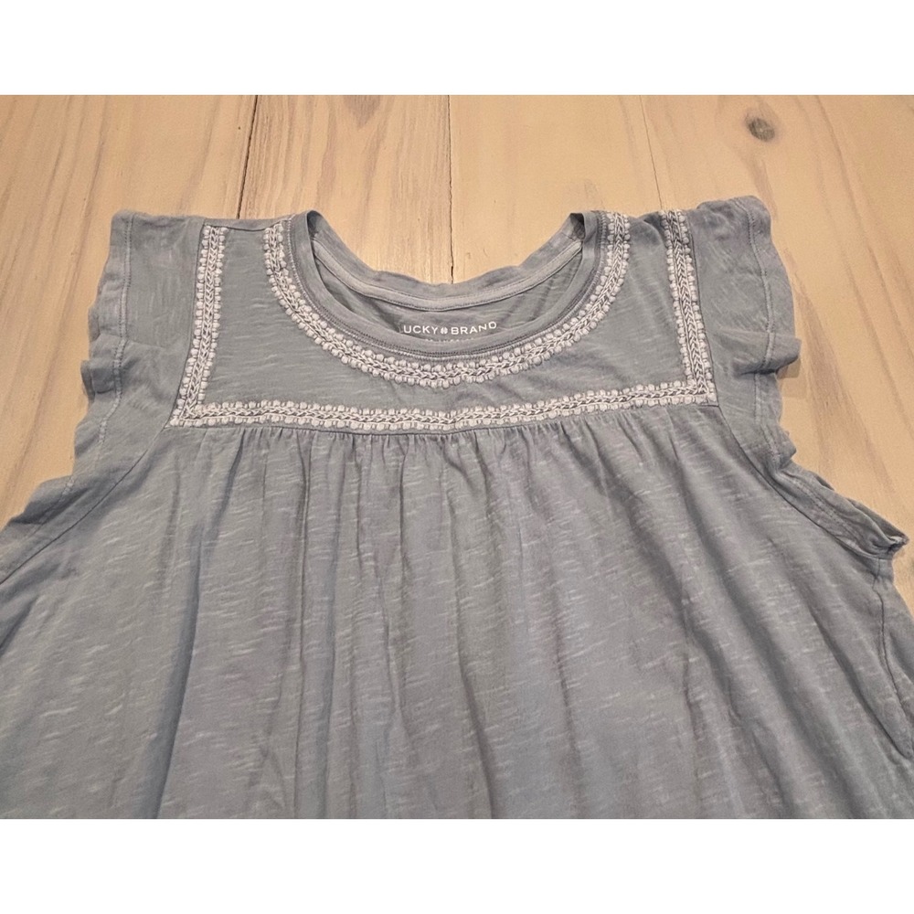 Lucky Brand Womens Blue Embroidered Cap Sleeve Cotton Top 7WP8333 SZ Large Boho - Picture 14 of 16